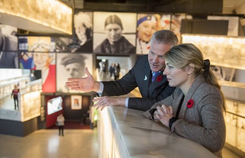 DAVID LIPNOWSKI / WINNIPEG FREE PRESS 151111  The Honourable Mélanie Joly, Minister of Canadian Heritage (right) and President and CEO of the Canadian Museum for Human Rights Dr. John Young, tour the museum in Winnipeg on November 11, 2015.