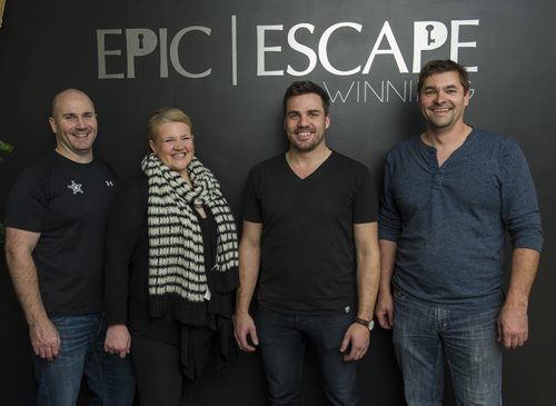 DAVID LIPNOWSKI / WINNIPEG FREE PRESS 151111  Co-owners of Epic Escape Winnipeg (L-R) Austin Enright, Kristen Enright, Wade Gamey, Wes Schock photographed on November 11, 2015.  For entertainment story.