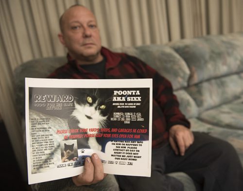 DAVID LIPNOWSKI / WINNIPEG FREE PRESS 151111  Mike Munroe holds a missing sign for his cat Sixx at his home November 11, 2015. His cat, Sixx went missing, and he was contacted about the disappearance and scammed out of money hoping to get the cat back.