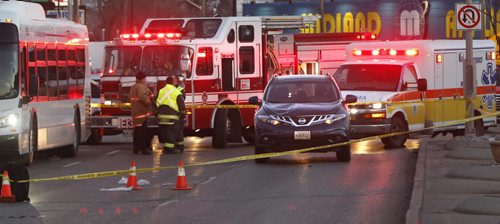 Winnipeg Fire Paramedics on the scene after a pedestrian was struck on St. Mary's Rd. at Vivian Ave. Friday morning. All south bound lanes were closed. Wayne Glowacki / Winnipeg Free Press Nov. 13   2015