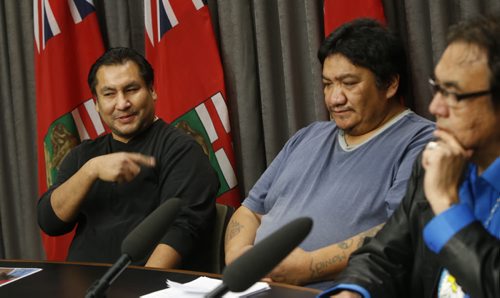 From right, Manitobas Aboriginal Affairs Minister Eric Robinson is calling for an inquiry Friday into the case of two northern babies switched at birth. The now grown adults are  Luke Monias and Norman Barkman at left. Mary Agnes Welch  story  Wayne Glowacki / Winnipeg Free Press Nov. 13   2015