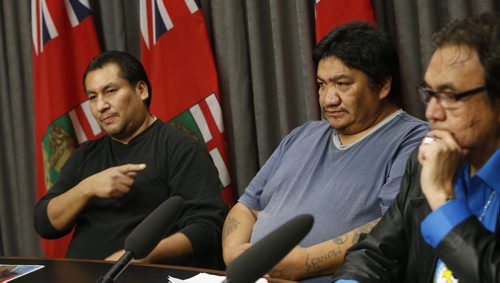 From right, Manitobas Aboriginal Affairs Minister Eric Robinson is calling for an inquiry Friday into the case of two northern babies switched at birth. The now grown adults are Luke Monias, in the middle and Norman Barkman. Mary Agnes Welch  story  Wayne Glowacki / Winnipeg Free Press Nov. 13   2015