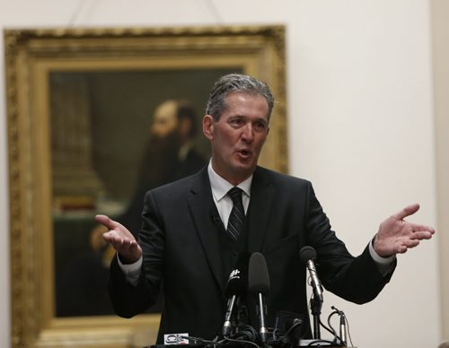 Brian Pallister, leader of the official opposition gives his alternative throne speech to outline PC values and priorities Friday. He is in front of a portrait of former Premier H.J. Clarke 1871-1874. Larry Kusch story  Wayne Glowacki / Winnipeg Free Press Nov. 13   2015