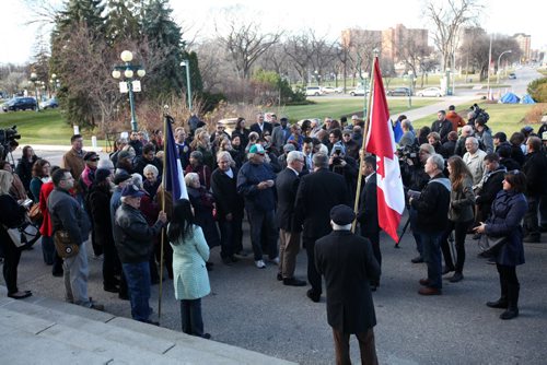 French Honourary Consul Bruno Burnichon, Mayor Bowman and Premier Selinger  talk about the Paris attacks to the press and concerned citizens who gathered on the steps of  the Manitoba legislature for vigil  Saturday afternoon.    Nov 14, 2015 Ruth Bonneville / Winnipeg Free Press
