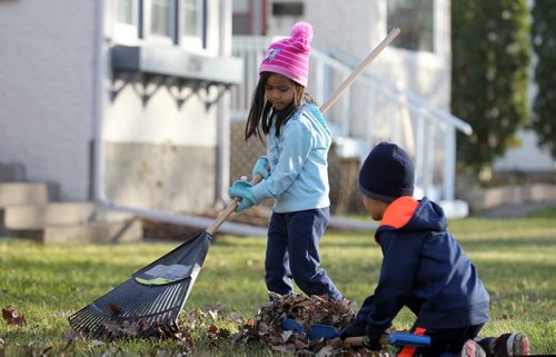 Four-year-old Priya Cabigting and her older brother Prabh - 7yrs, help their dad rake leaves in River Heights on Saturday afternoon in balmy late fall weather,   Standup photo  Nov 14, 2015 Ruth Bonneville / Winnipeg Free Press