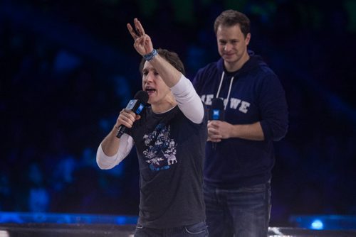 Around 16,000 Manitoba students and teachers take in WE Day Manitoba at the MTS Centre Monday, where inspirational speakers and performers helped celebrate youth making a difference in their communities. Craig (left) and Marc Kielburger take the stage during WE Day. 151116 - Monday, November 16, 2015 -  MIKE DEAL / WINNIPEG FREE PRESS
