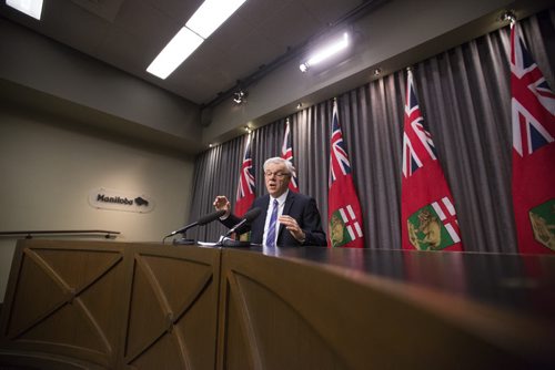 Premier Greg Selinger speaks at an embargoed news conference before the throne speech at the Manitoba Legislative Building in Winnipeg on Monday, Nov. 16, 2015.   (Mikaela MacKenzie/Winnipeg Free Press)