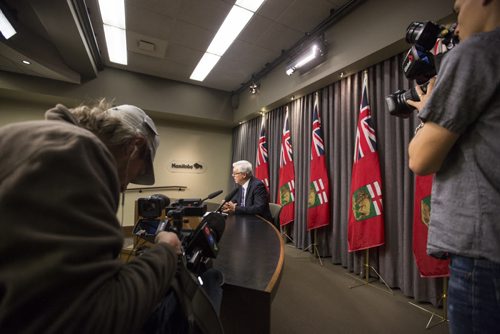 Premier Greg Selinger speaks at an embargoed news conference before the throne speech at the Manitoba Legislative Building in Winnipeg on Monday, Nov. 16, 2015.   (Mikaela MacKenzie/Winnipeg Free Press)