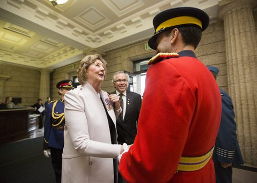 Lieutenant Governor of Manitoba Janice Filmon enters the Manitoba Legislative Building before the throne speech in Winnipeg on Monday, Nov. 16, 2015.   (Mikaela MacKenzie/Winnipeg Free Press)