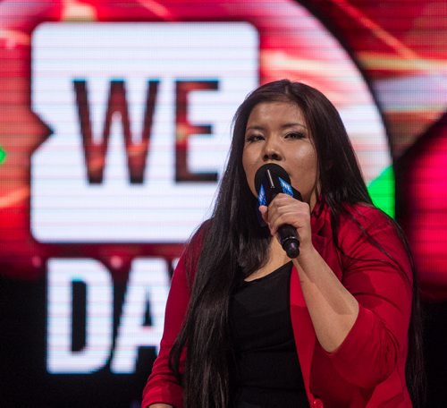 Around 16,000 Manitoba students and teachers take in WE Day Manitoba at the MTS Centre Monday, where inspirational speakers and performers helped celebrate youth making a difference in their communities. Rinelle Harper and Amanda Lindhout speak on stage at WE Day. 151116 - Monday, November 16, 2015 -  MIKE DEAL / WINNIPEG FREE PRESS
