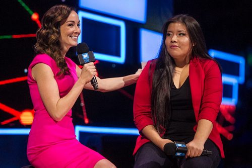 Around 16,000 Manitoba students and teachers take in WE Day Manitoba at the MTS Centre Monday, where inspirational speakers and performers helped celebrate youth making a difference in their communities. Rinelle Harper and Amanda Lindhout speak on stage at WE Day. 151116 - Monday, November 16, 2015 -  MIKE DEAL / WINNIPEG FREE PRESS