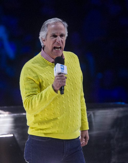 Around 16,000 Manitoba students and teachers take in WE Day Manitoba at the MTS Centre Monday, where inspirational speakers and performers helped celebrate youth making a difference in their communities. Henry Winkler, actor, director, producer and author speaks on stage at WE Day. 151116 - Monday, November 16, 2015 -  MIKE DEAL / WINNIPEG FREE PRESS