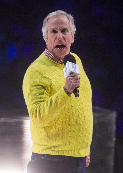 Around 16,000 Manitoba students and teachers take in WE Day Manitoba at the MTS Centre Monday, where inspirational speakers and performers helped celebrate youth making a difference in their communities. Henry Winkler, actor, director, producer and author speaks on stage at WE Day. 151116 - Monday, November 16, 2015 -  MIKE DEAL / WINNIPEG FREE PRESS