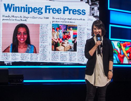Around 16,000 Manitoba students and teachers take in WE Day Manitoba at the MTS Centre Monday, where inspirational speakers and performers helped celebrate youth making a difference in their communities. Jen Zoratti, columnist at the Winnipeg Free Press speaks on stage at WE Day. 151116 - Monday, November 16, 2015 -  MIKE DEAL / WINNIPEG FREE PRESS