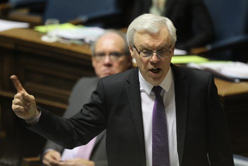 Premier Selinger talks to the speaker of the house during QP at the Leg Tuesday afternoon.   Nov 17, 2015 Ruth Bonneville / Winnipeg Free Press