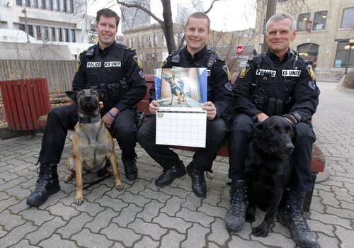 Members of the Canine Unit in the 2016 Canine Unit calendar (L-R) Dave Weisz with dog named Veyda, Dan Papetti holding calander, and Wally Antoniuk with bomb dog Lacy. They are all canine cops involved. BORIS MINKEVICH / WINNIPEG FREE PRESS  NOV 18, 2015