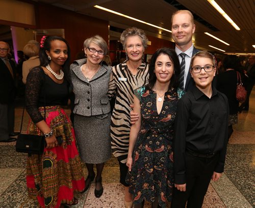 L-R:  Holy Names resident Shewit Abraha, Lesley Sacouman (executive director of the Holy Names House of Peace), Marian Deegan (Holy Names board member), J.J. Lindner, Carolyn Lindner (keynote speaker), and Jack Lindner at the Holy Names House of Peace Welcome Home Dinner at the RBC Convention Centre Winnipeg on Nov. 5. Photo by Jason Halstead/Winnipeg Free Press