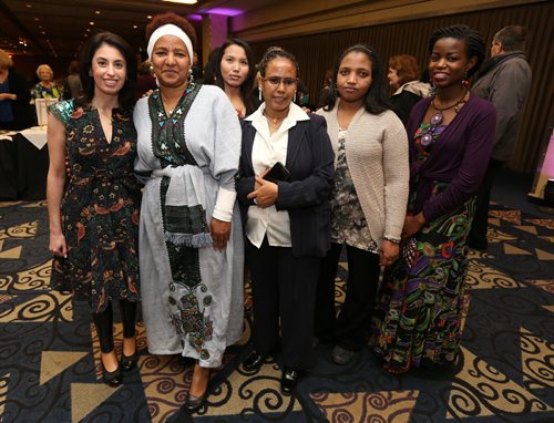 L-R: Carolyn Lindner (keynote speaker), Holy Names House of Peace residents Tsehaynesh Mezbere, Esther Falam, Elsa Kidane, Tsehaytu Yohanes and Aline Nzabonimpa at the Holy Names House of Peace Welcome Home Dinner at the RBC Convention Centre Winnipeg on Nov. 5. Photo by Jason Halstead/Winnipeg Free Press