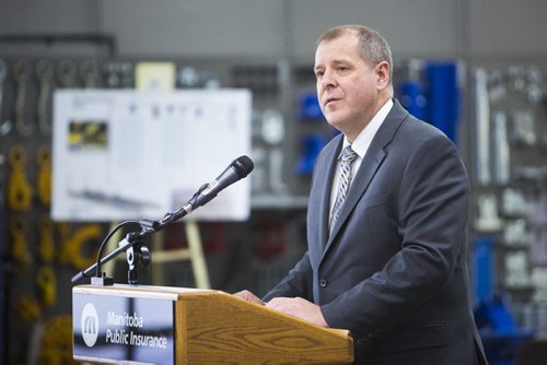 Dan Guimond, president and CEO of Manitoba Public Insurance, announces plans for a new Centre of Excellence in automotive research and training in Winnipeg on Friday, Nov. 20, 2015.   (Mikaela MacKenzie/Winnipeg Free Press)