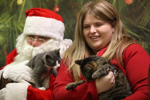 Santa holds Smokey the cat and Amber Perkin-Wood holds Honey during a portrait session at Winnipeg Animal Services, Saturday, November 21, 2015. (TREVOR HAGAN / WINNIPEG FREE PRESS)