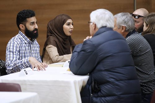 November 22, 2015 - 151122  - Volunteers speak to curious attendees during an open house at Winnipeg's Grand Mosque Sunday, November 22, 2015.  John Woods / Winnipeg Free Press