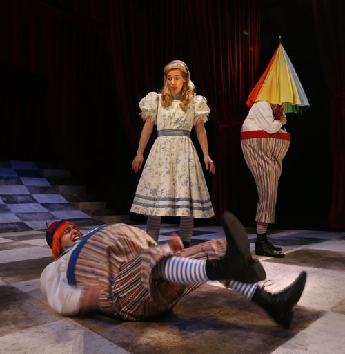Actors Gwendolyn Collins as Alice, with  Tristan Carlucci  kicking and screaming and Aaron Pridham as Tweedledee and Tweedledum in the  Royal MTC's production of ALICE THROUGH THE LOOKING-GLASS from November 26 to December 19 at the John Hirsch Mainstage.  Wayne Glowacki / Winnipeg Free Press Nov. 23   2015