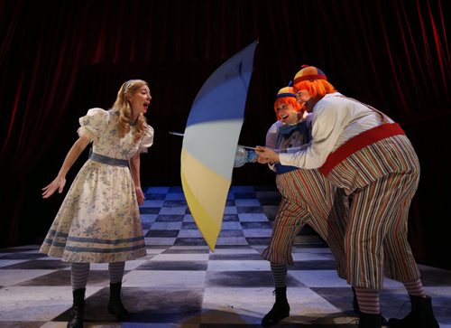 Actors from left, Gwendolyn Collins as Alice, Tristan Carlucci and Aaron Pridham as Tweedledee and Tweedledum in the  Royal MTC's production of ALICE THROUGH THE LOOKING-GLASS from November 26 to December 19 at the John Hirsch Mainstage.  Wayne Glowacki / Winnipeg Free Press Nov. 23   2015