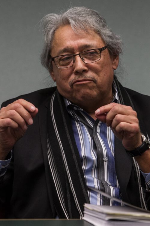 Dave Courchene Jr. an elder from Sagkeeng, speaks to the Winnipeg Free Press Editorial Board. Courchene is one of a handful of elders, knowledge holders, who are trying to get the National Energy Board to take their concerns and their expertise seriously, in the proposed expansion of the Enbridge pipeline which runs through Manitoba. 151123 - Monday, November 23, 2015 -  MIKE DEAL / WINNIPEG FREE PRESS