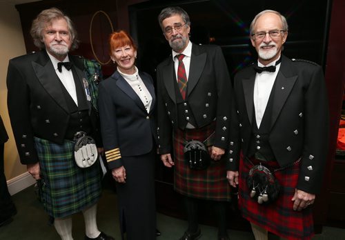L-R: James Christie, president of the St. Andrews Society of Winnipeg, recording artist, composer and singer Loreena McKennitt (McKennitt is also Honorary Colonel of the RCAF and the St. Andrews Society of Winnipegs 2015 Citizen of the Year), Ken McGoogan, guest speaker and Daryl Reid, Speaker of the Legislative Assembly of Manitoba at the St. Andrews Society of Winnipeg's 145th annual celebration dinner on Nov. 20 at the Fort Garry Hotel.  Photo by Jason Halstead/Winnipeg Free Press RE: Social Page, Nov. 28, 2015