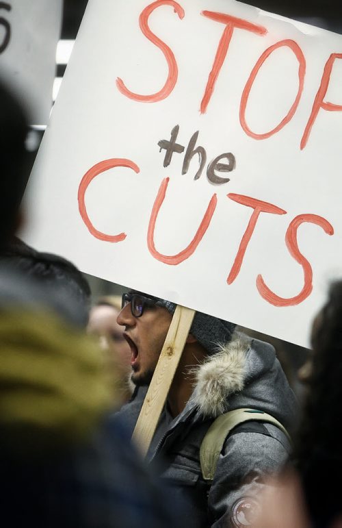 Saif Ali and other International students, students and faculty in a 'Stop the Cuts' rally before a board of governors meeting at the University of Manitoba.   November 24, 2015 Mike Deal / Winnipeg Free Press