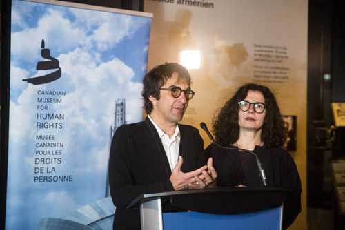 Canadian movie director Atom Egoyan and actor Arsinée Khanjian speak at the Canadian Museum of Human Rights in Winnipeg on Wednesday, Nov. 25, 2015.   (Mikaela MacKenzie/Winnipeg Free Press)