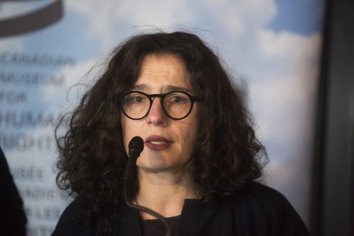 Canadian actor Arsinée Khanjian speaks, along with director Atom Egoyan, at the Canadian Museum of Human Rights in Winnipeg on Wednesday, Nov. 25, 2015.   (Mikaela MacKenzie/Winnipeg Free Press)