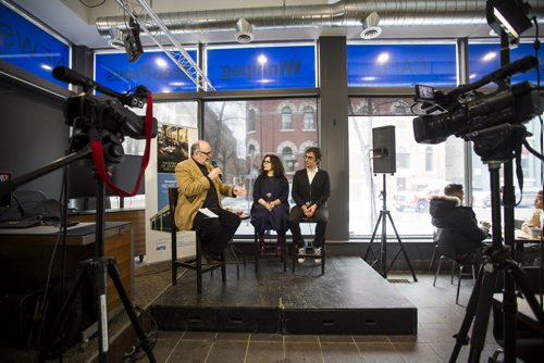 Canadian movie director Atom Egoyan and actor Arsinée Khanjian speak with Randall King at the Winnipeg Free Press News Cafe in Winnipeg on Wednesday, Nov. 25, 2015.   (Mikaela MacKenzie/Winnipeg Free Press)