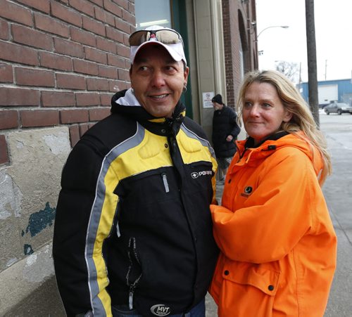 Warren Mainville and Wanda Deneve  are interviewed outside the Siloam Mission after the Winnipeg Street Census 2015 was released at the Circle of Life Thunderbird House on Wednesday. Kristin Annable story Wayne Glowacki / Winnipeg Free Press Nov. 25   2015