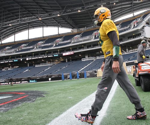 Edmonton Eskimos  pivot Mike Relly  enters Investors Group Field in Winnipeg Wednesday- The Eskimos will take on the Ottawa Redblacks this Sunday in the Grey Cup Championship-See Ed Tait storyNov 25, 2015   (JOE BRYKSA / WINNIPEG FREE PRESS)