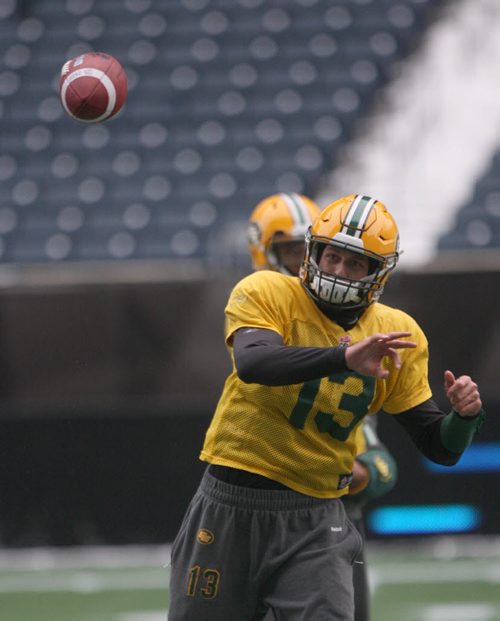 Edmonton Eskimos QB Mike Relly at practice at Investors Group Field in Winnipeg The Eskimos will take on the Ottawa Redblacks this Sunday in the Grey Cup Championship-See Ed Tait storyNov 25, 2015   (JOE BRYKSA / WINNIPEG FREE PRESS)
