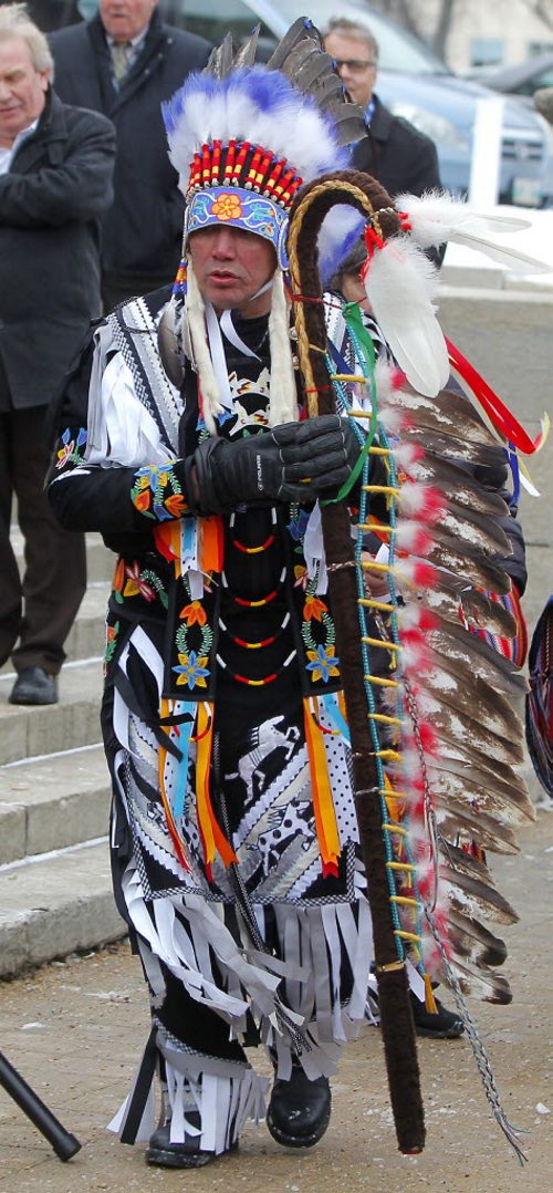 The CFL Grey Cup arrives at the Manitoba Legislature by Red River Cart. Metis and Aboriginal paraded the cup to the Leg in an official event. Here Long Plains first nation Chief Dennis Meeches at the event. BORIS MINKEVICH / WINNIPEG FREE PRESS  NOV 25, 2015