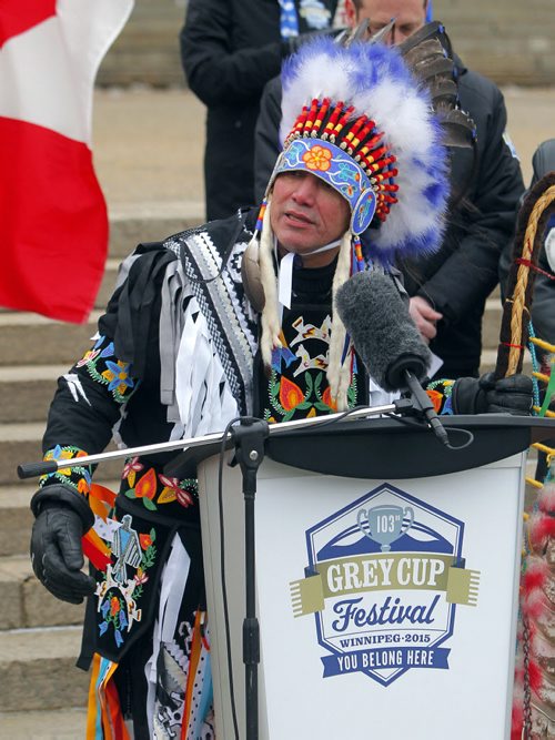 The CFL Grey Cup arrives at the Manitoba Legislature by Red River Cart. Metis and Aboriginal paraded the cup to the Leg in an official event. Here Long Plains first nation Chief Dennis Meeches at the event. BORIS MINKEVICH / WINNIPEG FREE PRESS  NOV 25, 2015