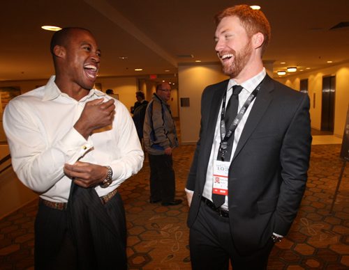 Ottawa Redblacks QB Henry Burris, left has a laugh with BC Lions QB Travis Lulay at Grey Cup East Division Champions Media Breakfast at the Delta Hotel in downtown Winnipeg -See storyNov 26, 2015   (JOE BRYKSA / WINNIPEG FREE PRESS)
