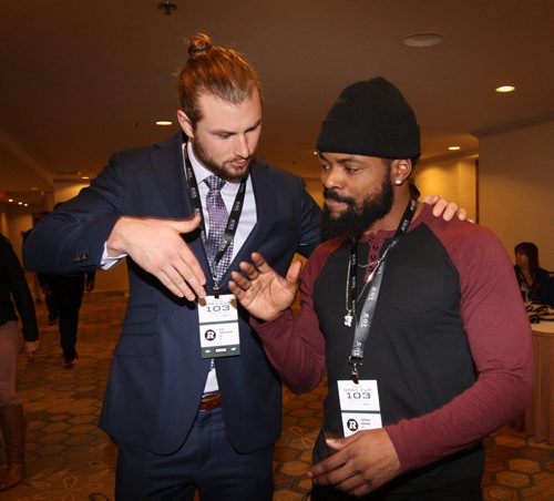 Ottawa Redblacks players Alex Pierzchalski and Jeremiah Johnson arrive  at the Grey Cup East Division Champions Media Breakfast at the Delta Hotel in downtown Winnipeg -See storyNov 26, 2015   (JOE BRYKSA / WINNIPEG FREE PRESS)