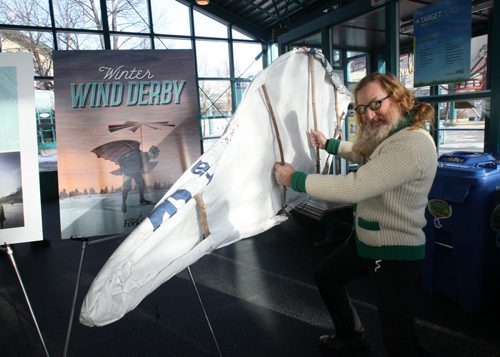 Winnipeg Artist Jordan Van Sewell shows his homemade wind sail he made at a newsconference unveiling the winning designs for this years Warming Huts v. 2016: An Art and Architecture Competition on Ice, RAW:almond design at the Forks- Van Sewell unveiled plans for a winter wind derby competion on the frozen ice See Alex Paul story- See provided art of hutsNov 26, 2015   (JOE BRYKSA / WINNIPEG FREE PRESS)