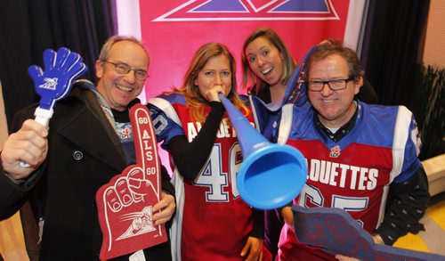 CFL AWARDS RED CARPET EVENT AT CLUB REGENT - Fans and players get to mingle.  This group cheered on their favourite team. Beau Fritzsche, Kristy Muckosky, Sarah Shandl and John Donnelly (the event organizer) BORIS MINKEVICH / WINNIPEG FREE PRESS  NOV 26, 2015