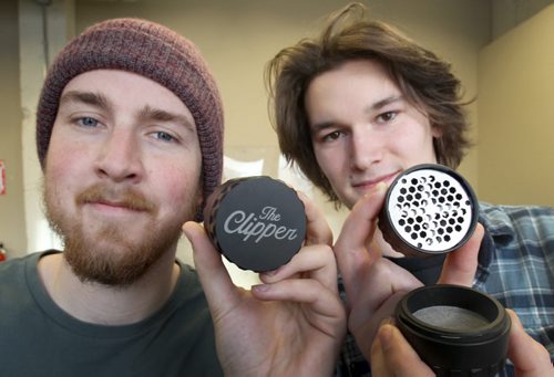 Matt Olson ,left, and his partner Jesse Marr at Assentworks where they developed a grinder  called the Clipper for medical marijuanaSee Martin Cash storyNov 27, 2015   (JOE BRYKSA / WINNIPEG FREE PRESS)