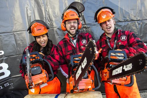 Those guys from Loggersports (l-r), Nikki Domingo, William Lance and Justin Dean, won't get to cut their log in half today, but they brought their RedBlack spirit to the Grey Cup championship game against the Edmonton Eskimos and the Ottawa Redblacks in Winnipeg, November 29, 2015. 151129 - Sunday, November 29, 2015 -  MIKE DEAL / WINNIPEG FREE PRESS