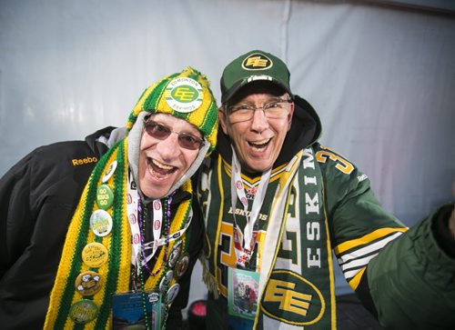 Bill (left) and Tim Hoskins cheer before the Grey Cup at Investors Group Field in Winnipeg on Sunday, Nov. 29, 2015.   (Mikaela MacKenzie/Winnipeg Free Press)