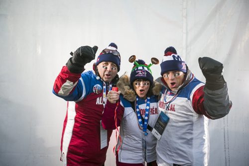Eric Renaud (left), Dophie Plante, and Stephane Preville cheer before the Grey Cup at Investors Group Field in Winnipeg on Sunday, Nov. 29, 2015.   (Mikaela MacKenzie/Winnipeg Free Press)