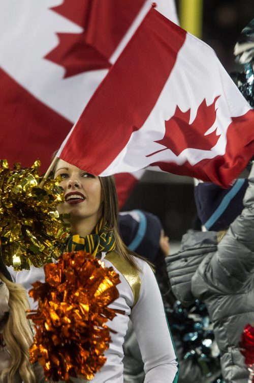 Cheerleaders from all the CFL teams take to the field during the pre-game show at the Grey Cup championship game against the Edmonton Eskimos and the Ottawa Redblacks in Winnipeg, November 29, 2015. 151129 - Sunday, November 29, 2015 -  MIKE DEAL / WINNIPEG FREE PRESS