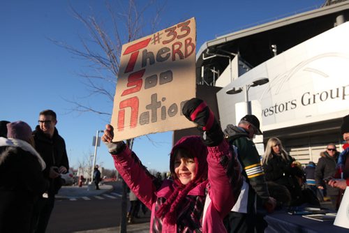 7 year old Hailey Pitt holds her sign up for one of her favourite players, RB #33 Jordan Verdone, at the gates for the 103rd  Grey Cup between the Ottawa Redblacks and the Edmonton Eskimos at Investors Group Stadium in Winnipeg on Sunday, Nov. 29, 2015.  Nov 29, 2015 Ruth Bonneville / Winnipeg Free Press