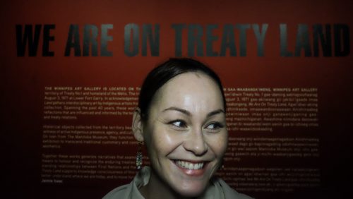Jaimie Isaac, curator of the 'We are on Treaty Land,' in the exhibit room at the WAG. 151130 - Monday, November 30, 2015 -  MIKE DEAL / WINNIPEG FREE PRESS