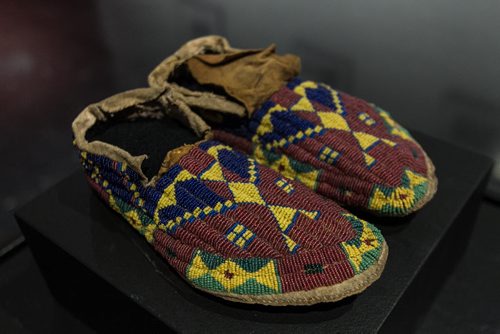 Pieces from the exhibit 'We are on Treaty Land,' at the WAG. An unidentified artist from the Manitoba Sioux and Anishnaabe, Oak Lake Reserve District, Moccasins, 1880-1890's, hide, sinew, cotton thread, glass beads. 151130 - Monday, November 30, 2015 -  MIKE DEAL / WINNIPEG FREE PRESS